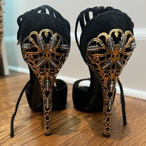 Ralph Lauren Black and Gold Heels with Intricate Design